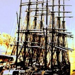 A Tall Ship Tied in Harbor (color enhanced from b/w)